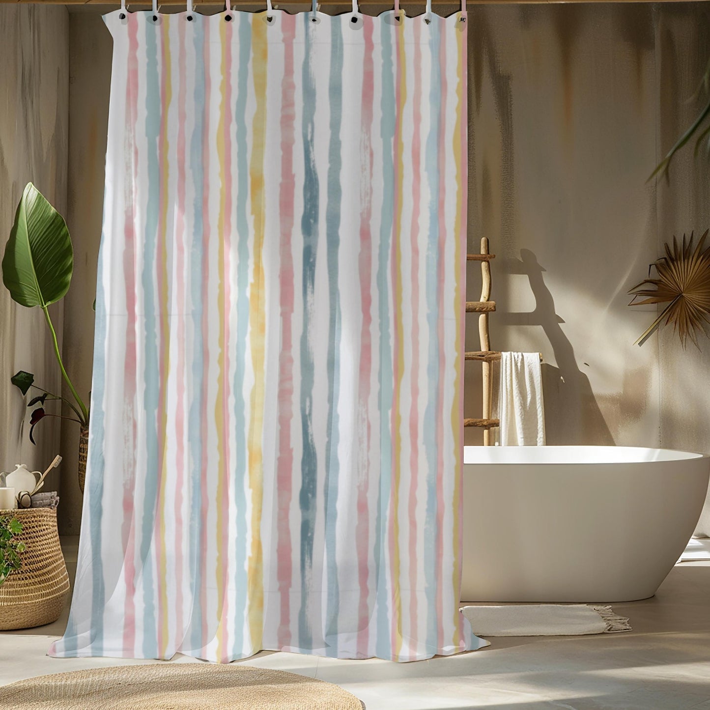 Pastel Stripe Home Decor Guest Bathroom Renovation Irregular Stripe Design Shower Curtain and Marching Bath Mat Teen Restroom Idea for Her
