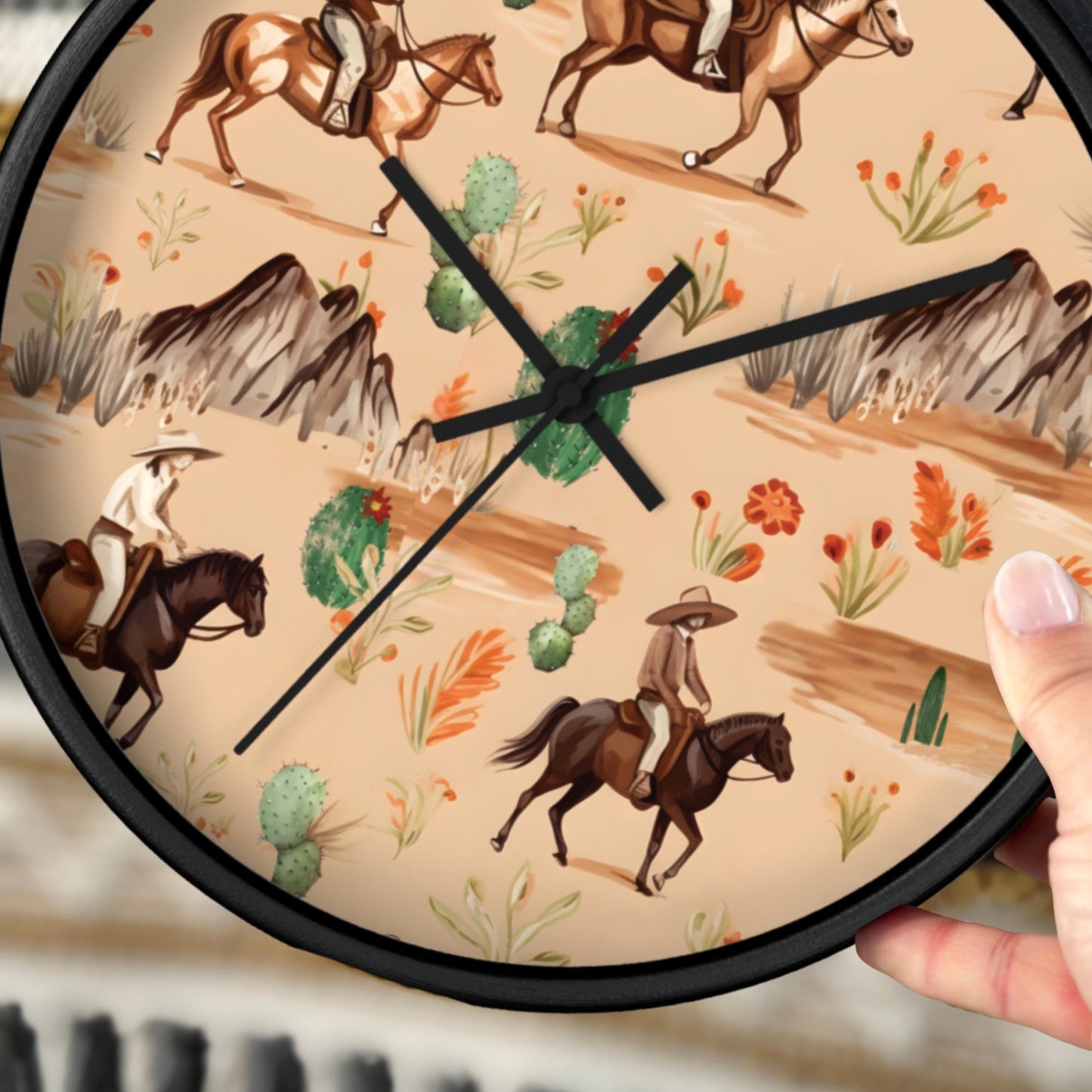 Cowboy Nursery Decor Baby Boy Bedroom Rustic Western Design Horse Ranch Theme Baby Shower Idea Primitive Scene Wall Clock for Toddler Room
