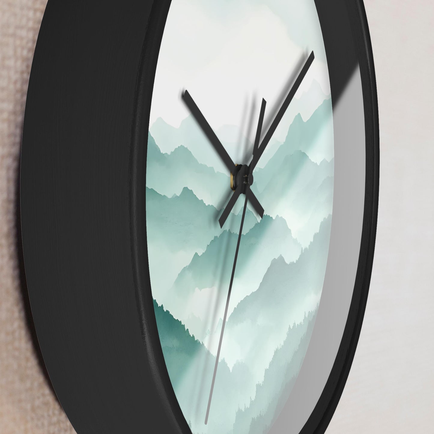Mountain Scene Wall Clock Minimalist Wood Design Contemporary Nature Art Home Decor Premium Timepiece Living Room Accent Beautiful Mountain Landscape Modern Style Teal White Gradient Natural Wood Frame Square Shape Perfect Gift Present