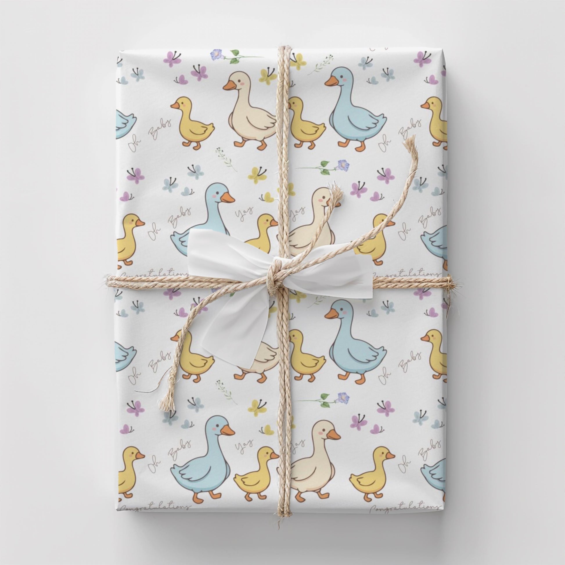 Duck Baby Shower Gift Wrapping Paper Cute Ducks in a Row Theme Gift Wrap Duckling Party Wrap Baby Shower Decorations Gift Wrap Roll Bulk Cute duck baby shower wrapping paper with pastel ducklings and flowers wrapped around gift boxes