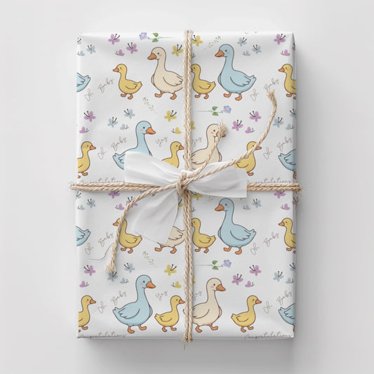 Duck Baby Shower Gift Wrapping Paper Cute Ducks in a Row Theme Gift Wrap Duckling Party Wrap Baby Shower Decorations Gift Wrap Roll Bulk Cute duck baby shower wrapping paper with pastel ducklings and flowers wrapped around gift boxes
