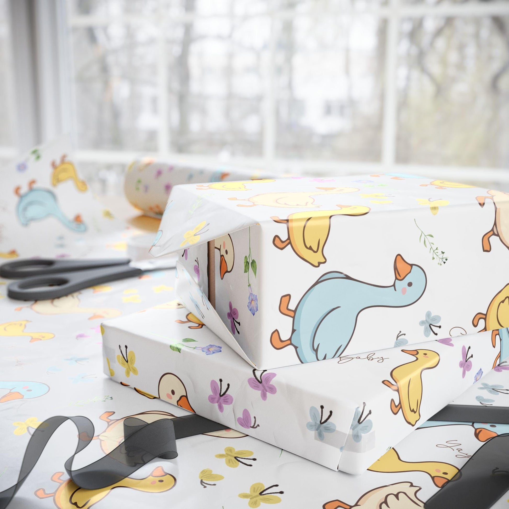 Duck Baby Shower Gift Wrapping Paper Cute Ducks in a Row Theme Gift Wrap Duckling Party Wrap Baby Shower Decorations Gift Wrap Roll Bulk Cute duck baby shower wrapping paper with pastel ducklings and flowers wrapped around gift boxes