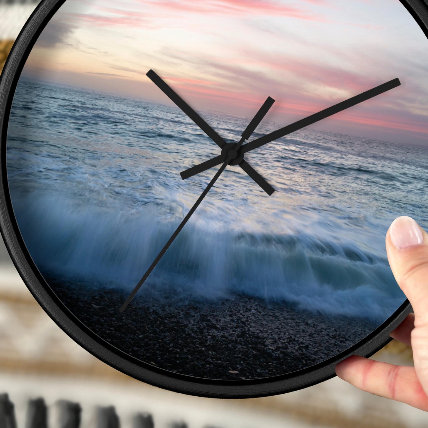 Silent Operation Wall Clock Quartz Movement Mechanism Seaside Design Element Ocean Sunset Artwork Display Wooden Frame Construction 10 Inch Diameter Size Beach House Home Styling Coastal Living Room Essential Nautical Theme Interior Design