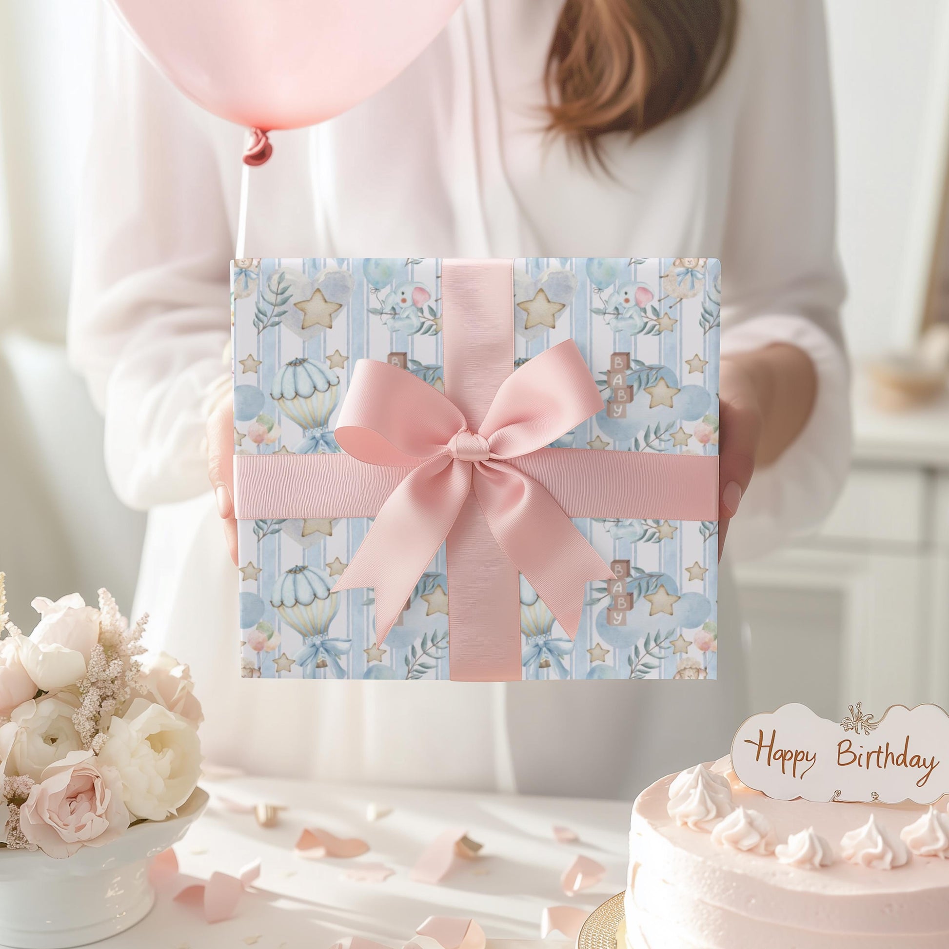 Gift for Baby Elegant Gift Wrapping Paper Neutral Blue Gift Wrap Luxury Baby Shower Paper Minimal Baby Elephant Nursery Aesthetic Idea