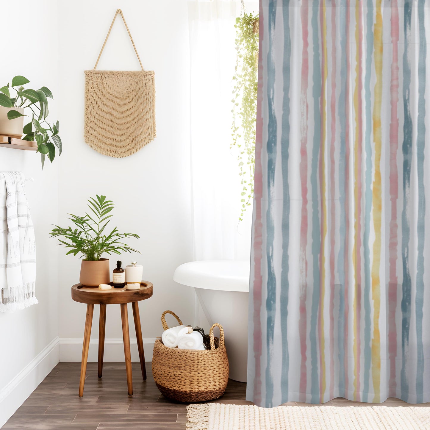 Pastel Stripe Home Decor Guest Bathroom Renovation Irregular Stripe Design Shower Curtain and Marching Bath Mat Teen Restroom Idea for Her