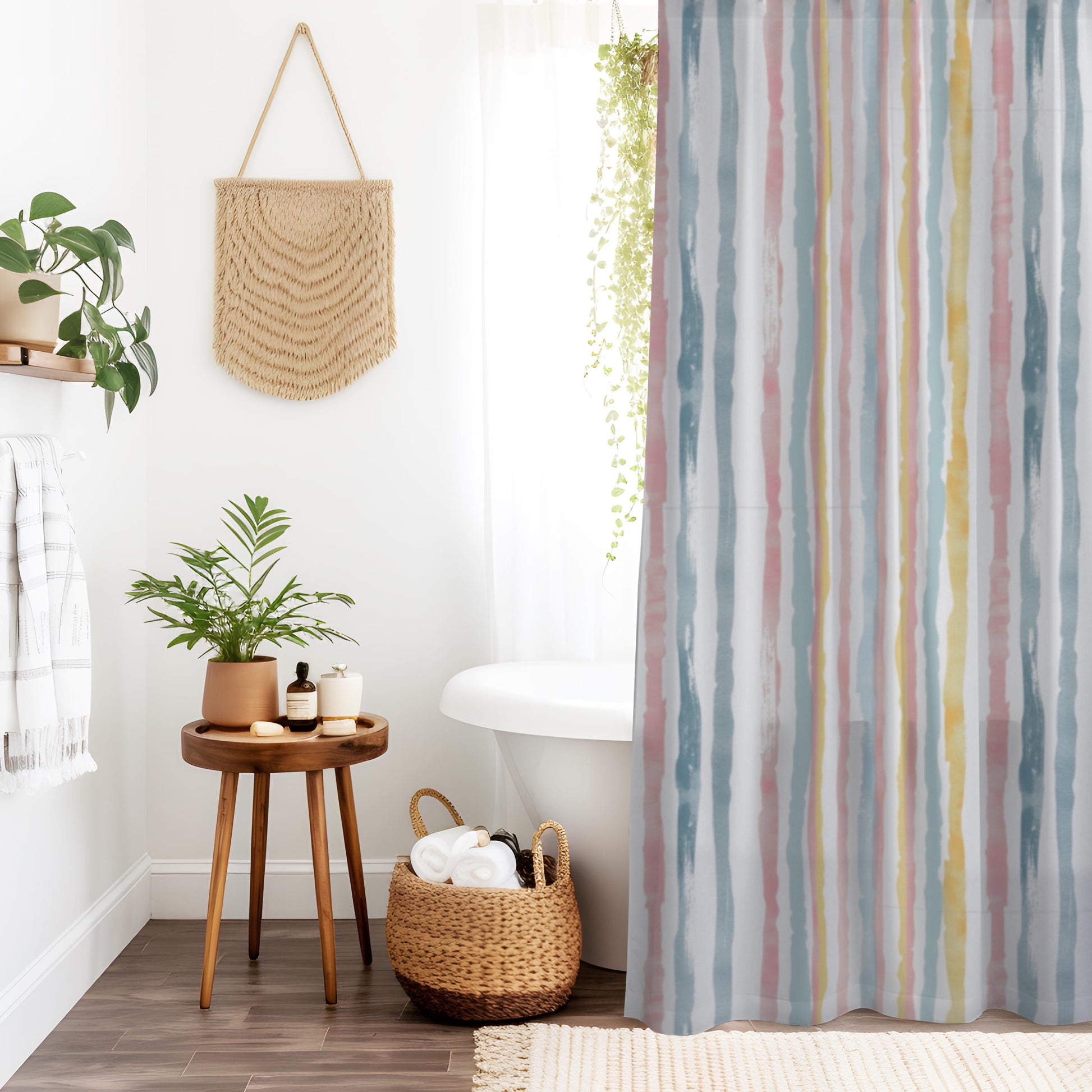 Pastel Stripe Home Decor Guest Bathroom Renovation Irregular Stripe Design Shower Curtain and Marching Bath Mat Teen Restroom Idea for Her
