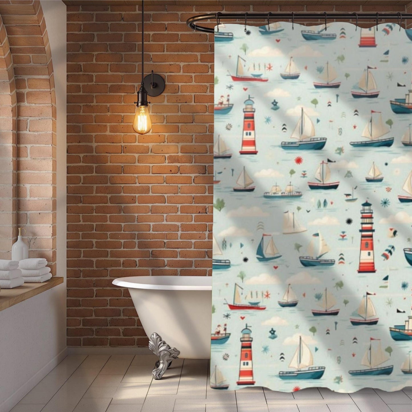 Ocean Themed Bathroom Set Nautical Shower Curtain Coastal Design Beach House Decoration Maritime Style Lighthouse Pattern Sailboat Motif Complete Bath Collection Seaside Inspired Decor Guest Bathroom Accessory Water Resistant Material