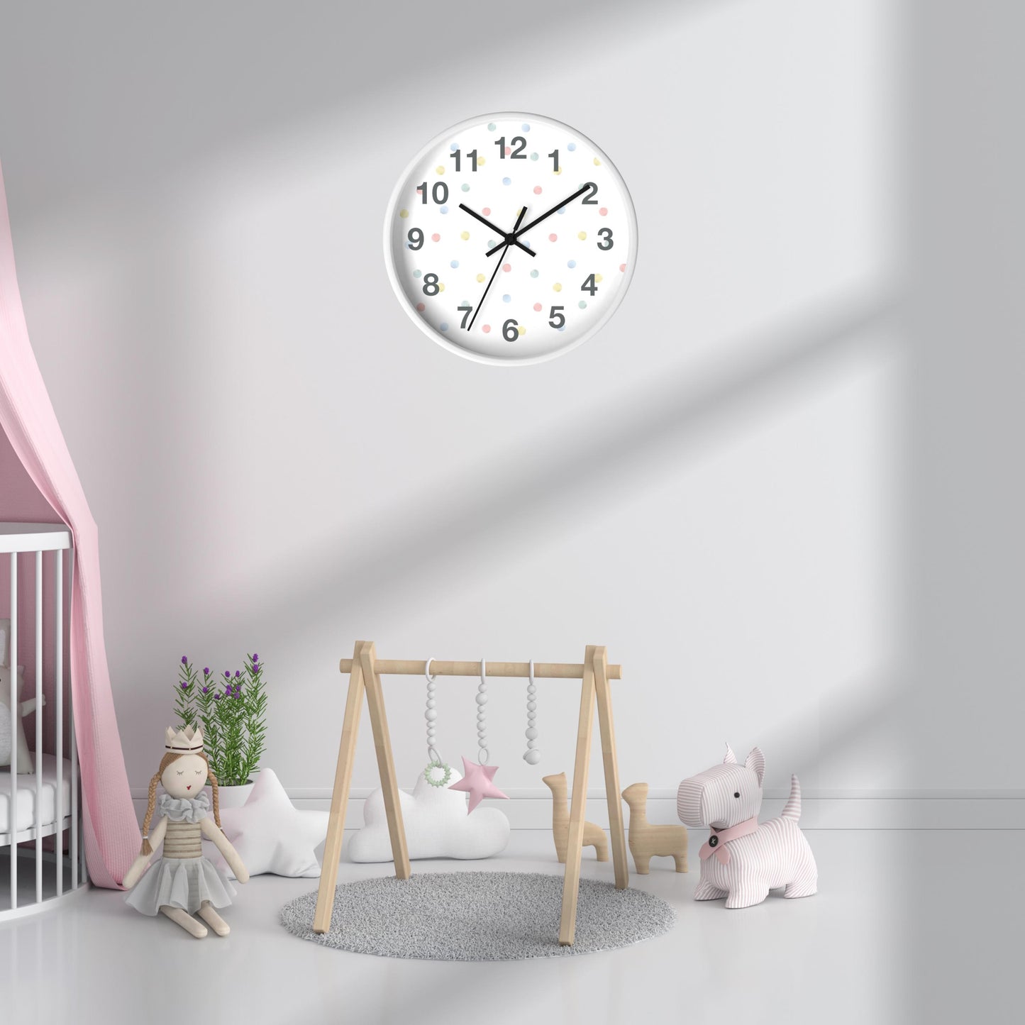 Playroom Wall Clock for Toddler Bedroom Decor Cute Clock for Kids Room Gift for Granddaughter Playful Design for Nursery Polka Dot Art Idea