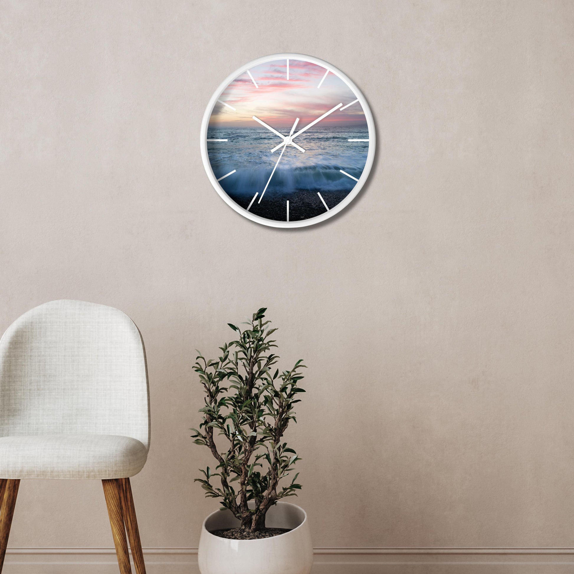 Beach House Essential Wall Clock Coastal Artwork Display Ocean Sunset Design Theme Silent Quartz Movement Mechanism Wooden Frame Construction 10 Inch Diameter Timepiece Nautical Living Room Styling Seaside Home Interior Element Plexiglass