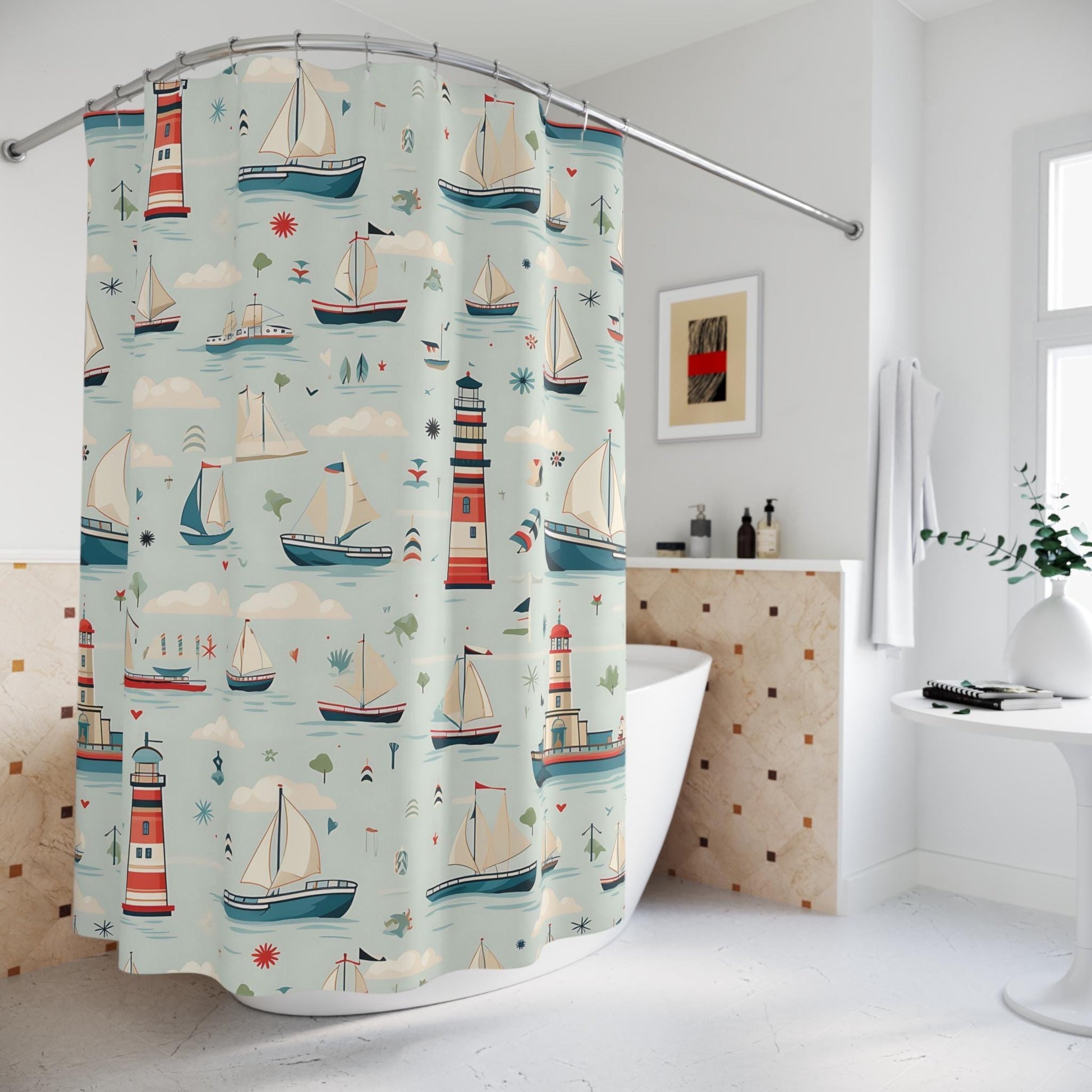 Maritime Design Bathroom Set Nautical Shower Curtain Coastal Theme Beach House Styling Lighthouse Sailboat Pattern Ocean Themed Decoration Complete Bath Collection Guest Bathroom Accessory Seaside Inspired Decor Water Resistant Fabric
