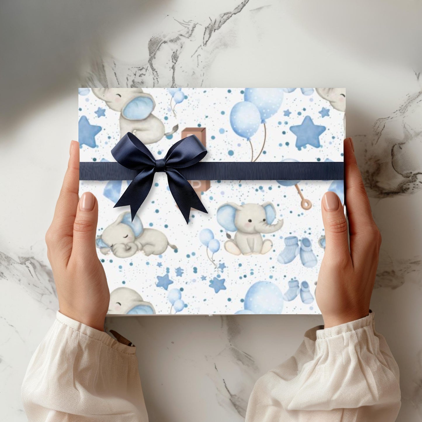 Baby Elephant Circus Nursery Theme Birthday Party Gift Wrapping Paper Animal Idea for Baby Shower Present Neutral Nursery Gift Wrap Paper for Baby Shower Gift Paper Roll for His Baby Sprinkle Decoration Dusty Blue and Grey Wrapping Animal Theme