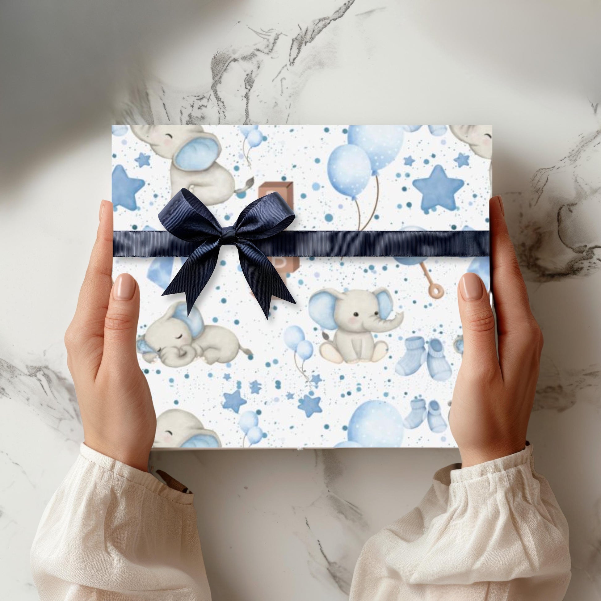 Baby Elephant Circus Nursery Theme Birthday Party Gift Wrapping Paper Animal Idea for Baby Shower Present Neutral Nursery Gift Wrap Paper for Baby Shower Gift Paper Roll for His Baby Sprinkle Decoration Dusty Blue and Grey Wrapping Animal Theme