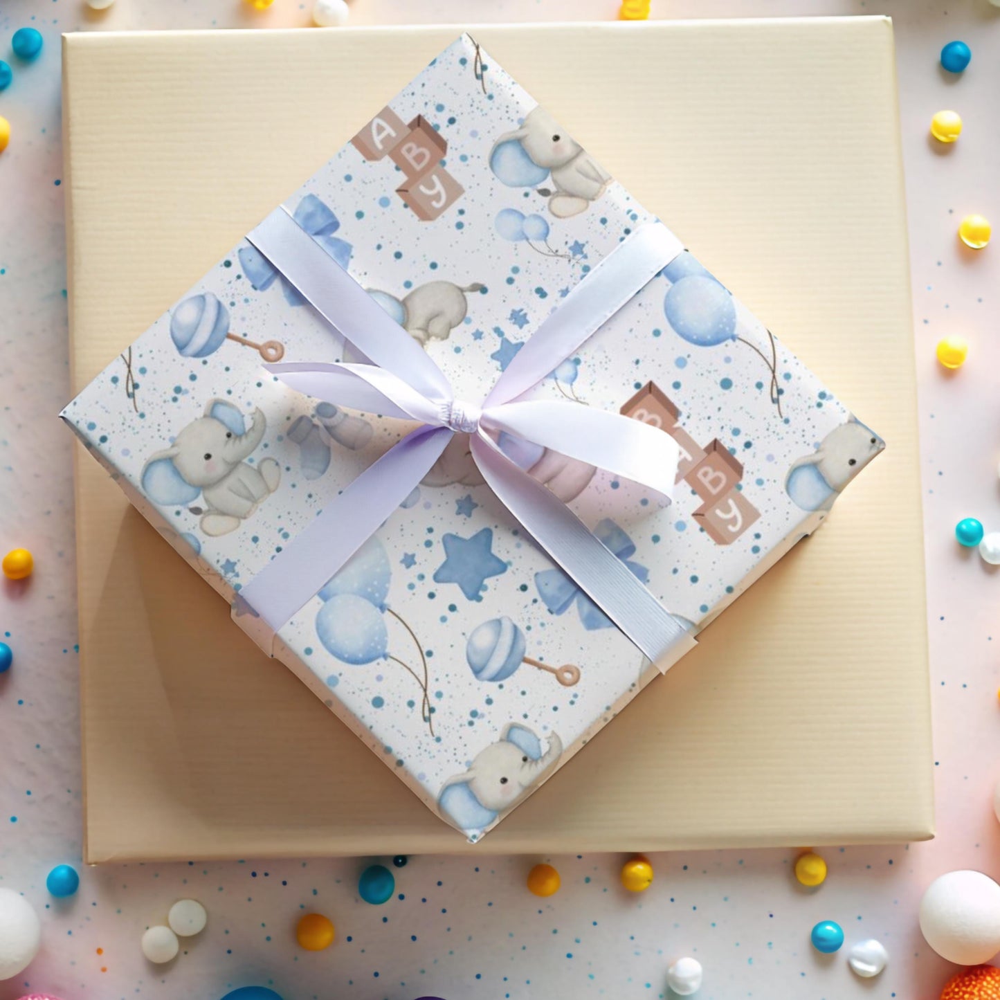 Neutral Nursery Gift Wrap Paper for Baby Shower Gift Paper Roll for His Baby Sprinkle Decoration Dusty Blue and Grey Wrapping Animal Theme