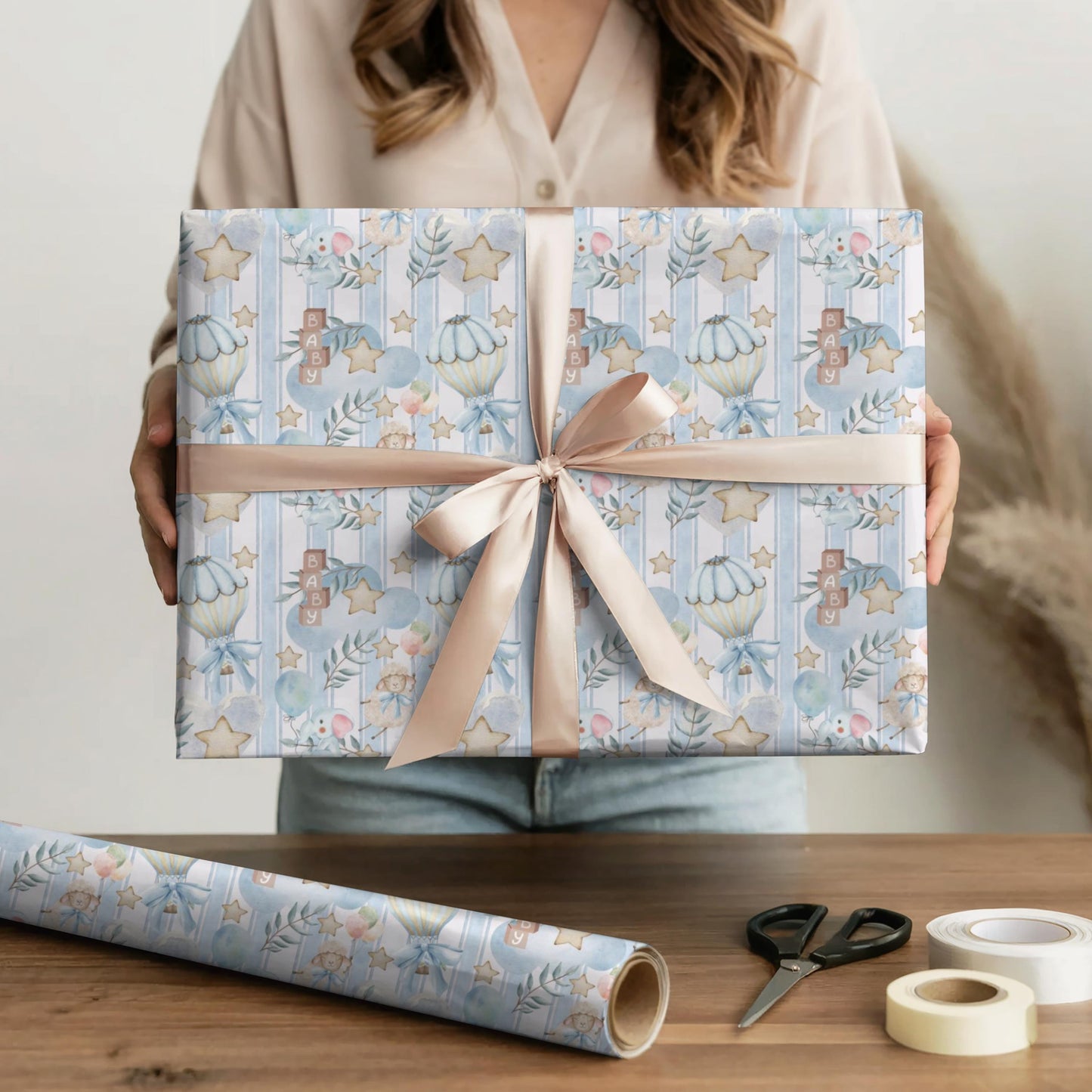 Gift for Baby Elegant Gift Wrapping Paper Neutral Blue Gift Wrap Luxury Baby Shower Paper Minimal Baby Elephant Nursery Aesthetic Idea