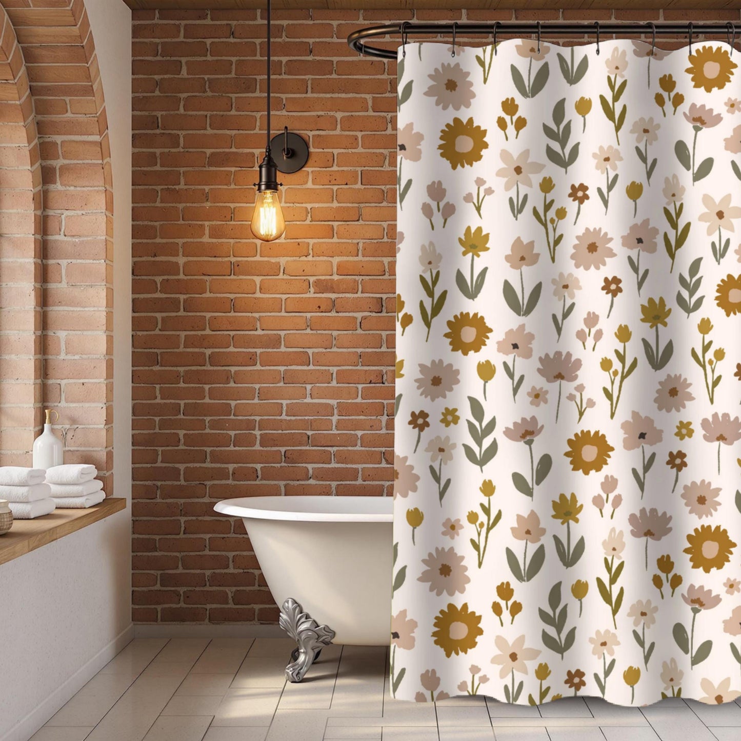 Boho Wildflower Shower Curtain Farmhouse Beige Curtain Housewarming Gift for New Home Owner Boho Floral Shower Cover Minimalist Guest Bath