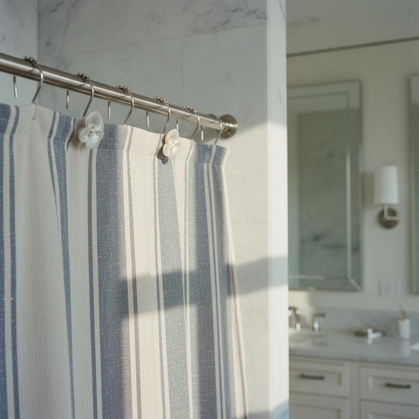 White Floral Curtain Hooks for Teen Bathroom