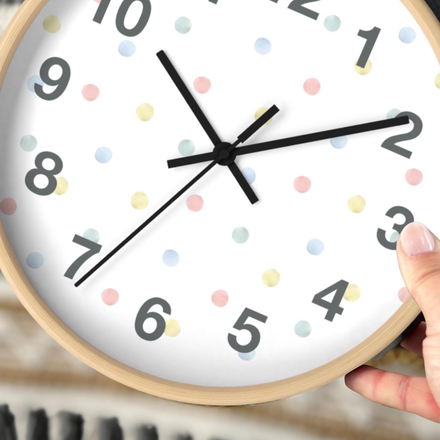 Playroom Wall Clock for Toddler Bedroom Decor Cute Clock for Kids Room Gift for Granddaughter Playful Design for Nursery Polka Dot Art Idea