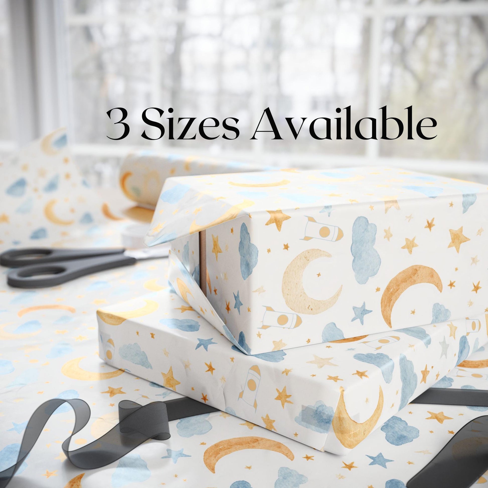 Space Nursery Wrapping Paper Moon and Stars Gift Wrap Neutral Baby Boy Gift Idea Modern Outer Space Decor Wrapping Paper