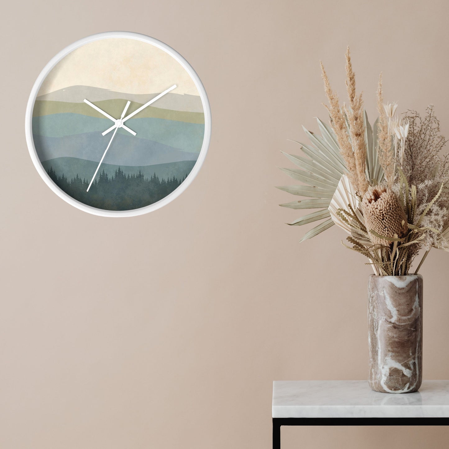 Living Room Clock Mountain Wall Design Silent Quartz Movement Wooden Frame Boho Minimalist Style Perfect Housewarming Gift New Home Owner Present Mid Century Modern Aesthetic Plexiglass Face Battery Operated Indoor Timepiece Pre Installed