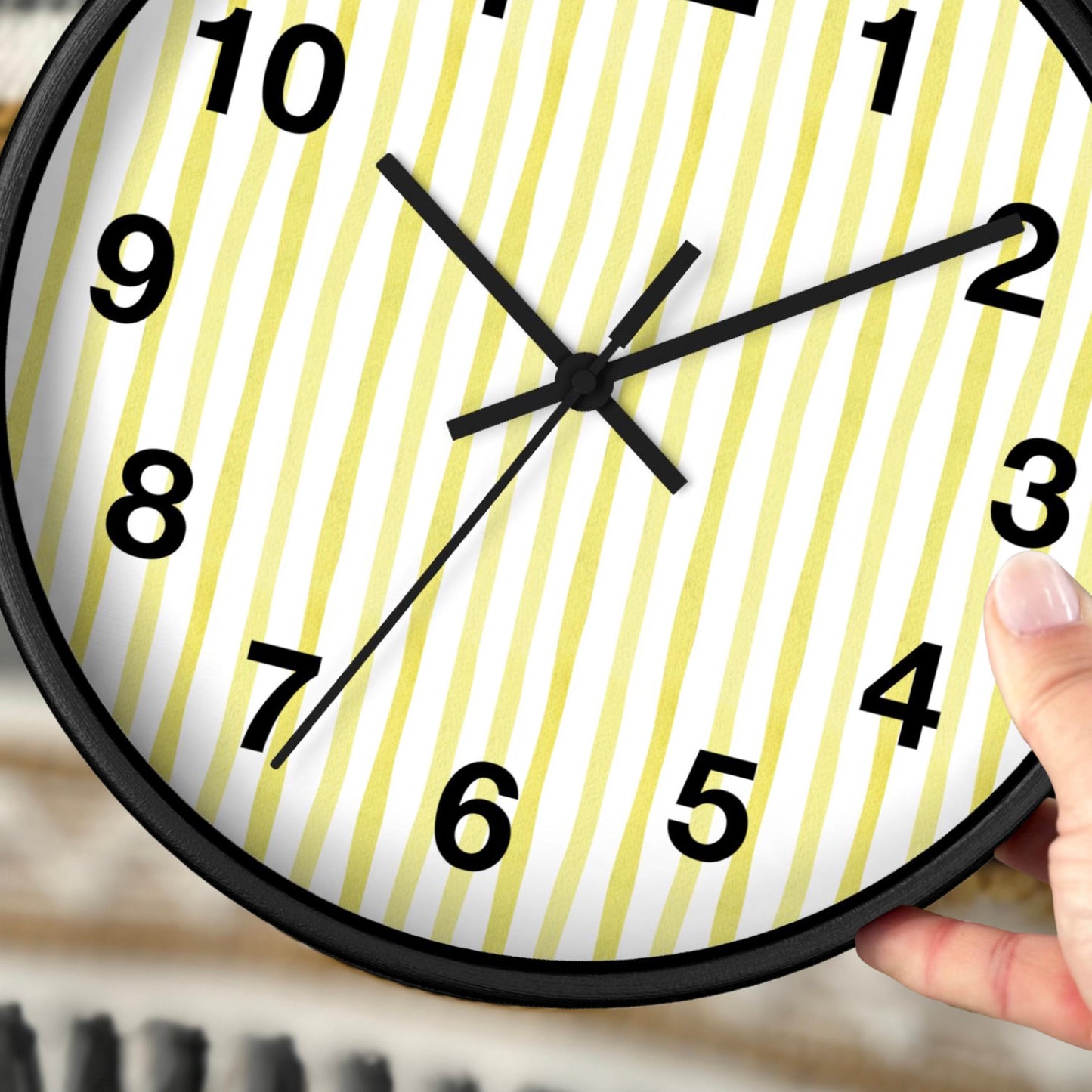 Silent Mechanism Clock Battery Operated Timepiece Yellow Striped Design Wood Frame Options Customizable Hands Selection Modern Wall Clock Kitchen Decoration Nursery Accent Quiet Movement Timepiece Plexiglass Face Metal Construction