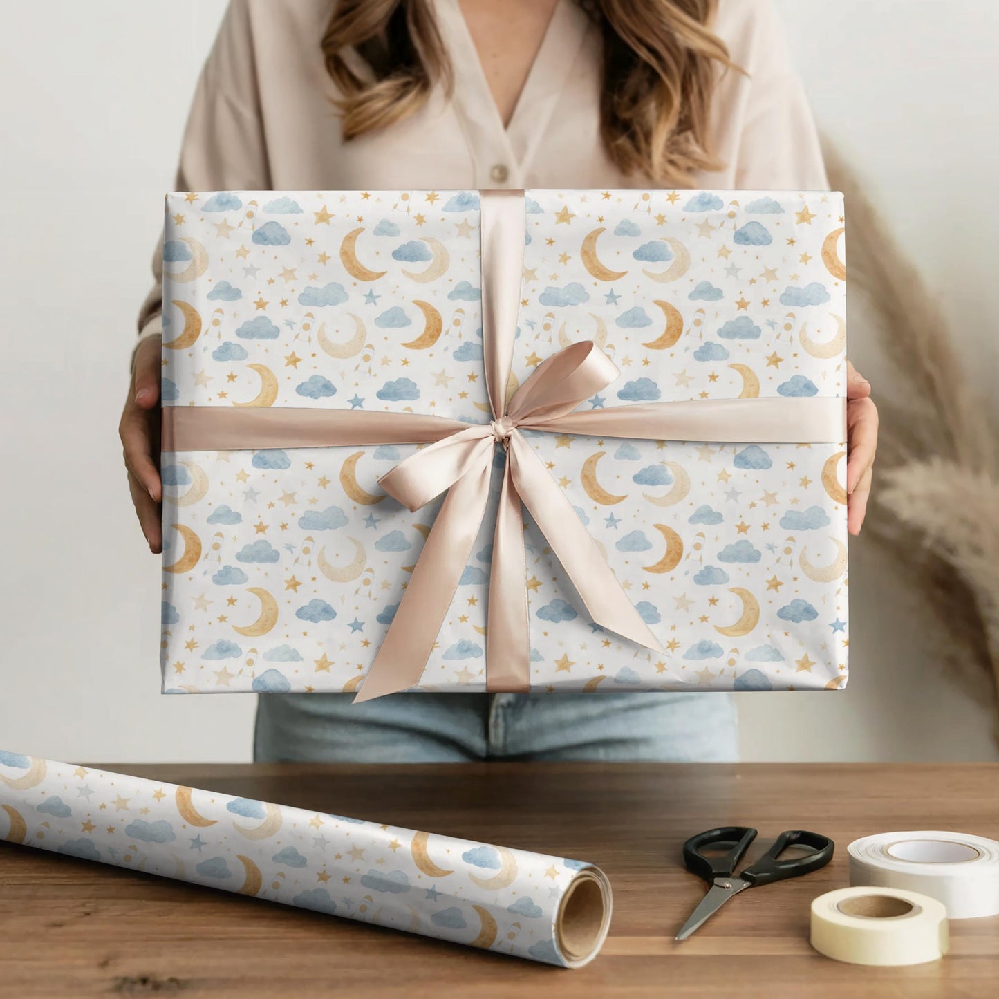 Space Theme 1st Birthday Gift Wrapping Paper Neutral Nursery Decor Gift for First Bday Moon and Spaceship Design Idea