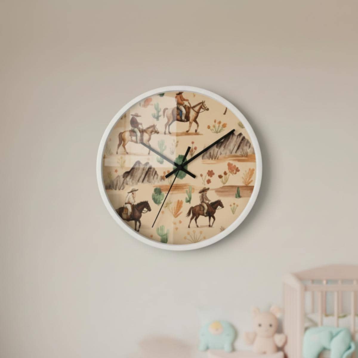 Western Nursery Wall Clock Cowboy Baby Room Decor Horse Theme Infant Bedroom Neutral Horse Wall Accent Silent Mechanism Playroom Idea