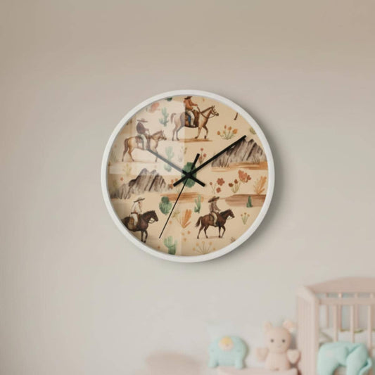 Western Nursery Wall Clock Cowboy Baby Room Decor Horse Theme Infant Bedroom Neutral Horse Wall Accent Silent Mechanism Playroom Idea