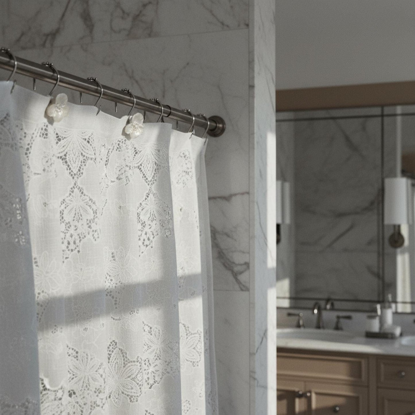 White Floral Curtain Hooks for Teen Bathroom