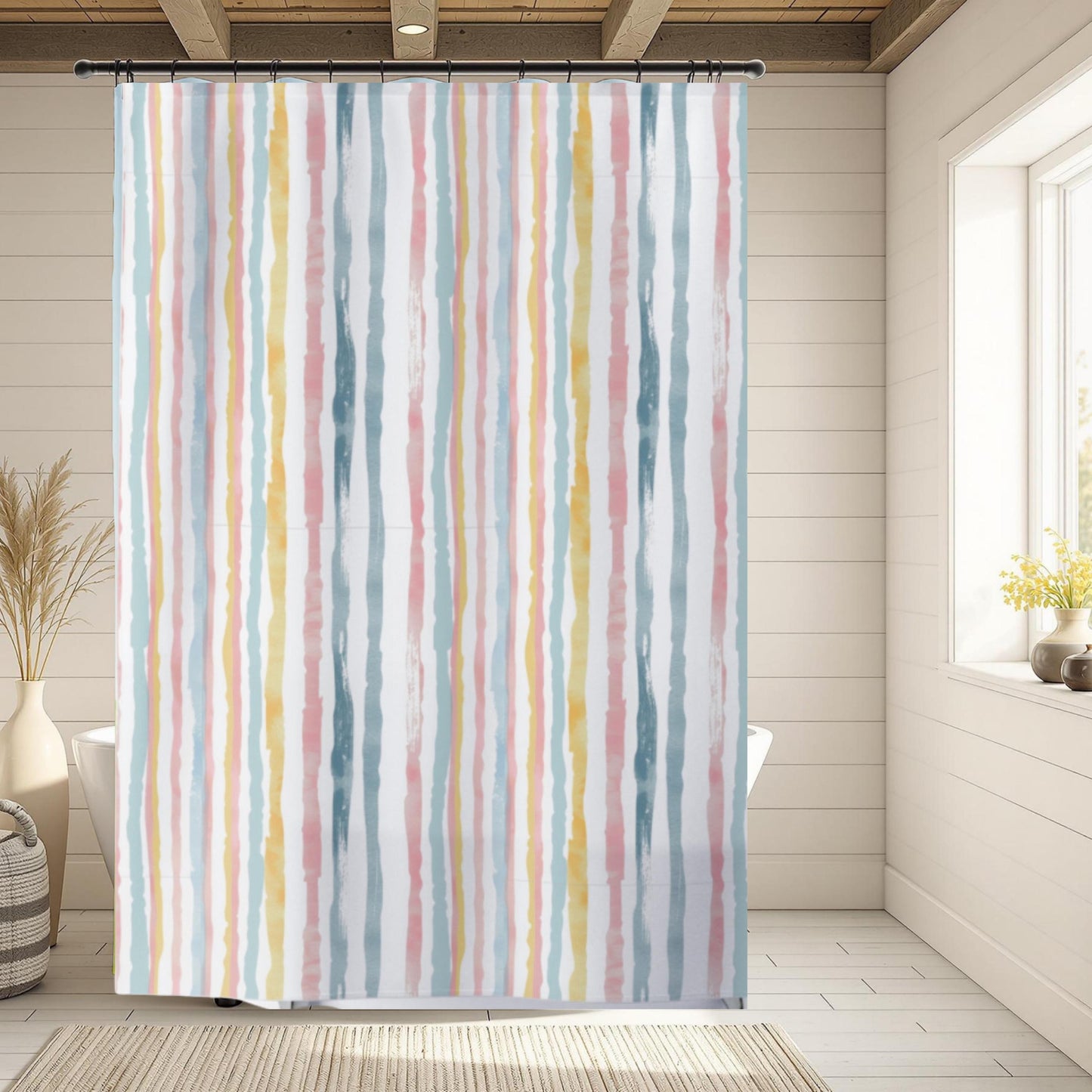 Pastel Stripe Home Decor Guest Bathroom Renovation Irregular Stripe Design Shower Curtain and Marching Bath Mat Teen Restroom Idea for Her