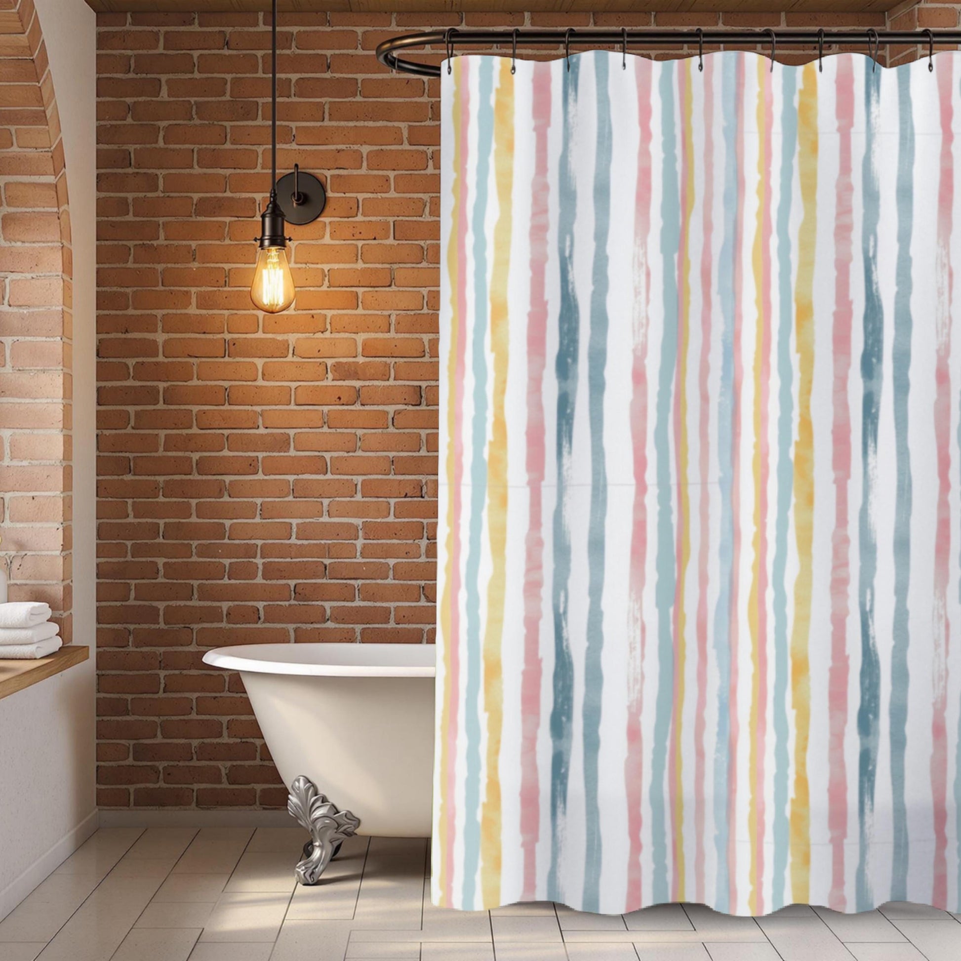 Pastel Stripe Home Decor Guest Bathroom Renovation Irregular Stripe Design Shower Curtain and Marching Bath Mat Teen Restroom Idea for Her