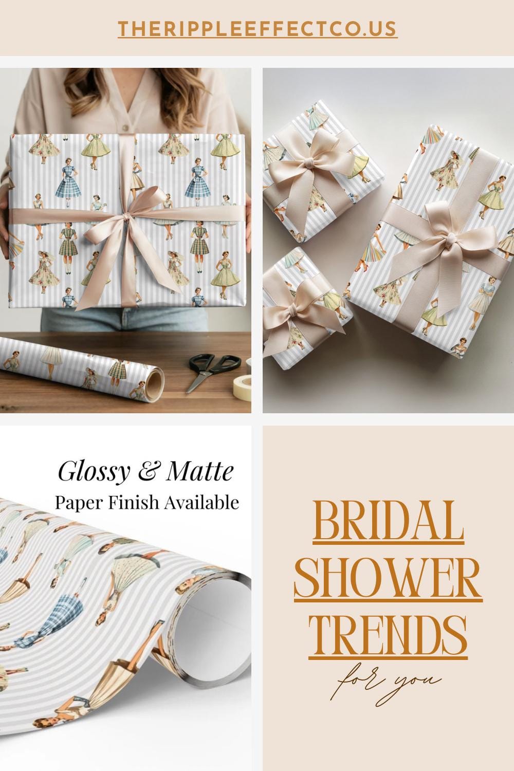 Vintage Bridal Shower Gift Wrap Elegant Wrapping Paper Vintage Women Pattern Wedding Shower Gift Wrap Feminine Stripe Paper Retro Vintage Design Gift Wrapping Paper Elegant Ladies Bridal Shower Gift Paper for Bride Wedding Party Wrapping
