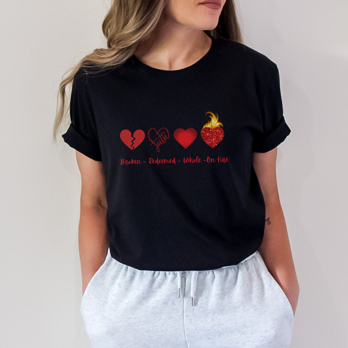 Broken Hearts Redeemed Red Lettering Shirt, Broken Redeemed Whole Heart Shirt, Hearts on Fire Christian Shirt, Women's Christian Shirt