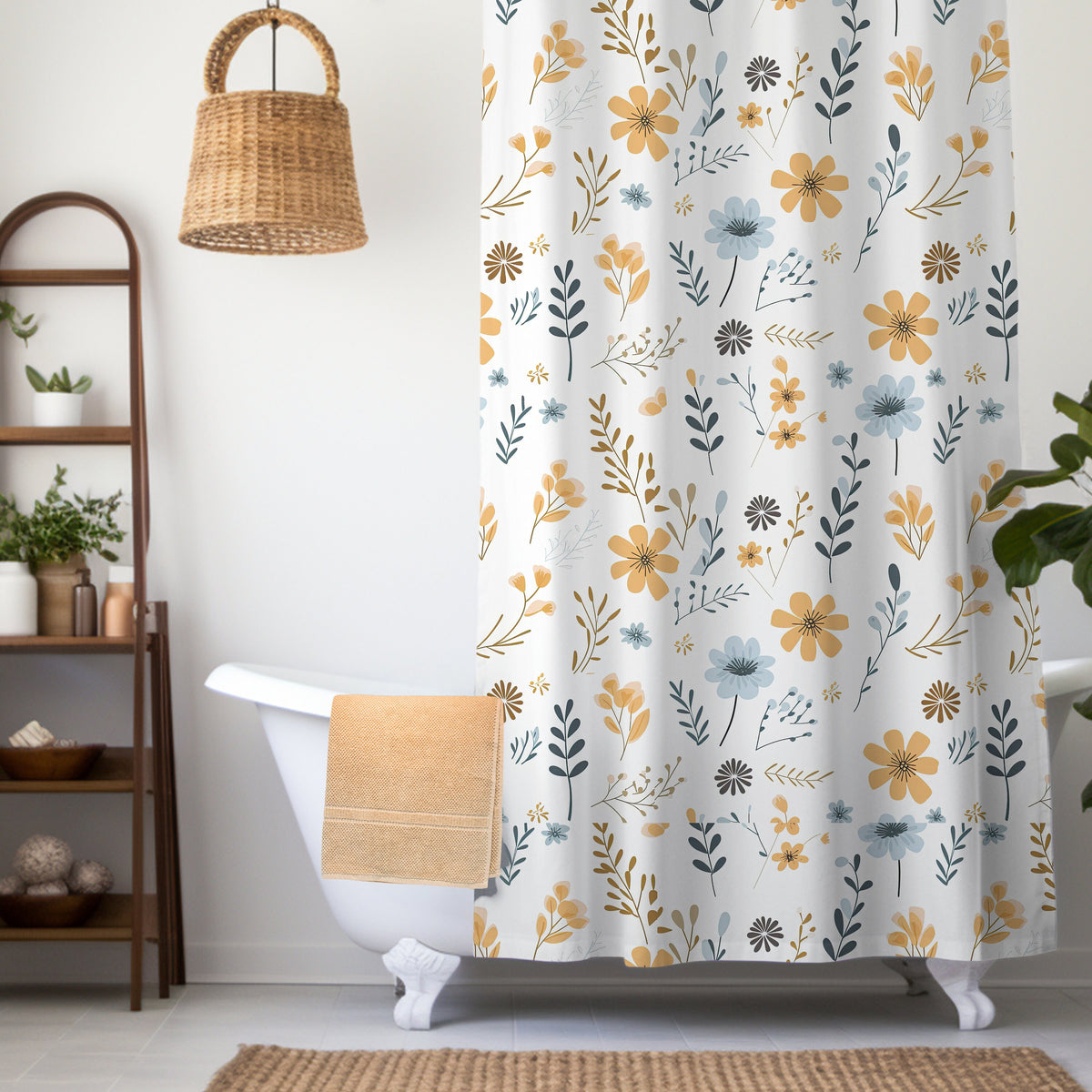 Boho Wildflower Shower Curtain and Bath Mat Boho Shower Cover Wildflower Bath Curtain Memory Foam Bath Carpet Wildflower Farmhouse Bathroom