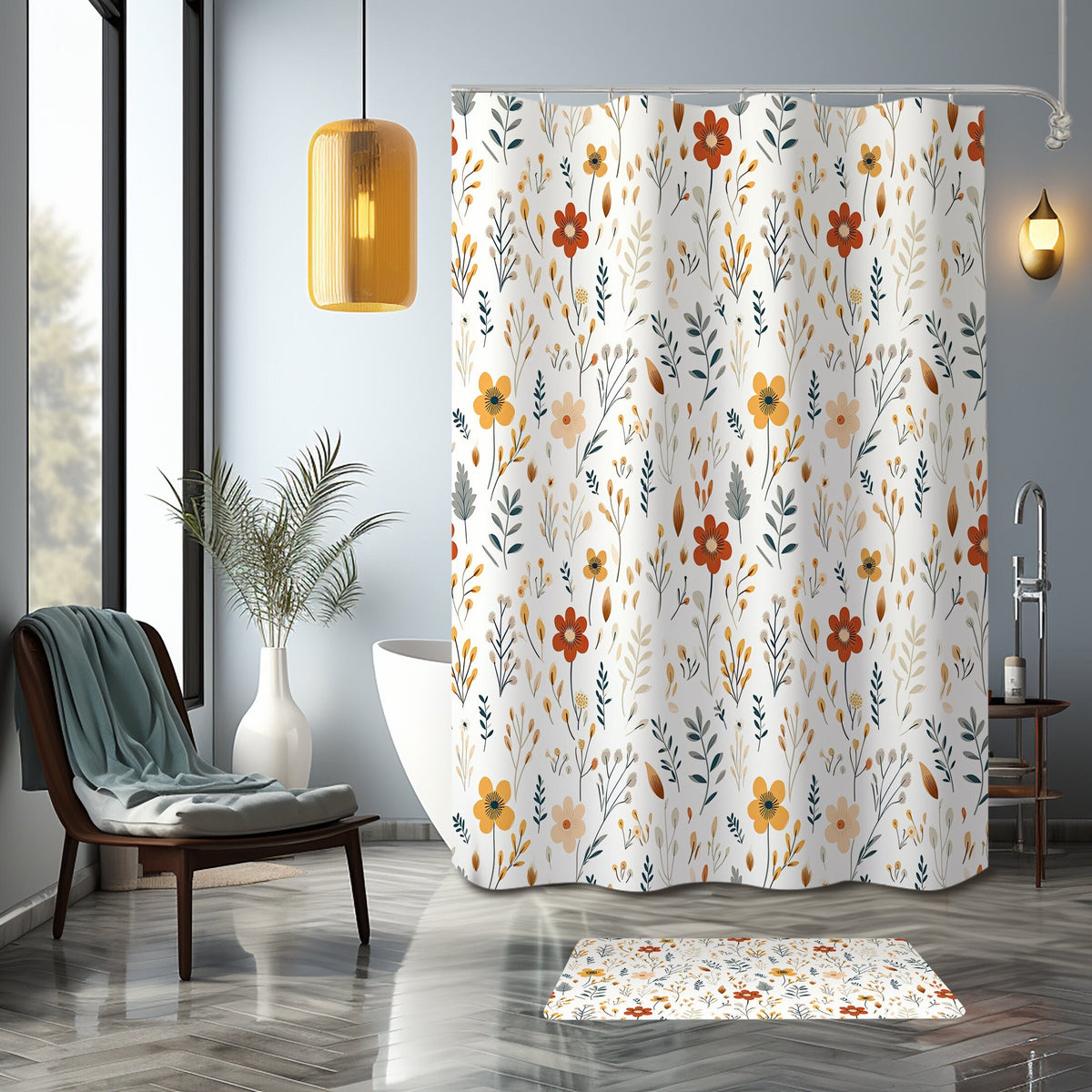 Farmhouse Shower Curtain Boho Wildflower Shower Curtain and Bath Mat Boho Shower Cover Wildflower Bath Curtain Memory Foam Bath Carpet Gift