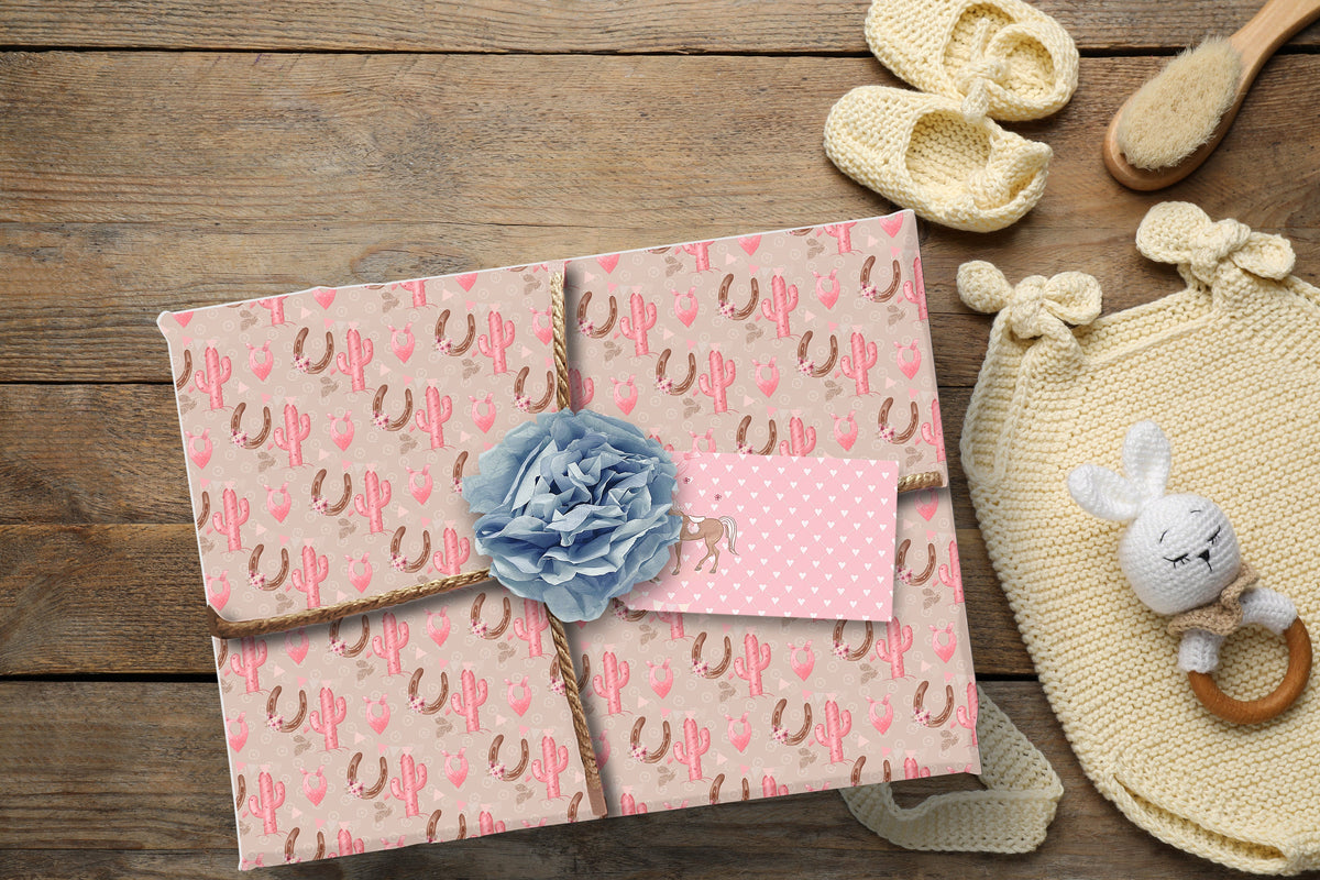 Western Wrapping Paper Pink Cowgirl Gift Wrap Cactus Cowgirl Pink Paper Horseshoe Pink Gift Paper Christmas Cowgirl Paper Western Birthday