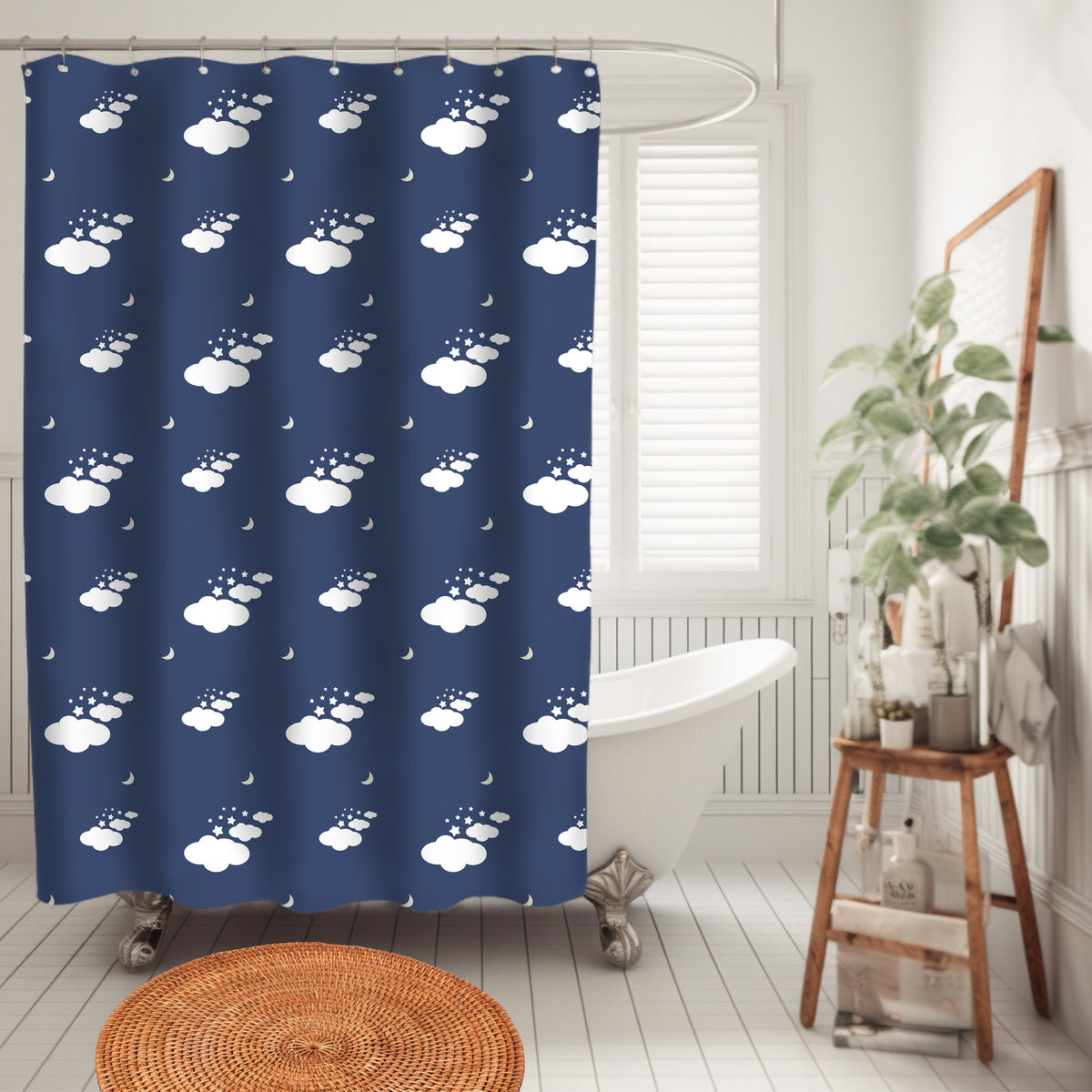 Custom Shower Curtain Navy Moon Personalized Shower Mat Guest Bathroom Idea Children Bath Custom Floor Mat Shower Curtain Kids Bathroom Mat