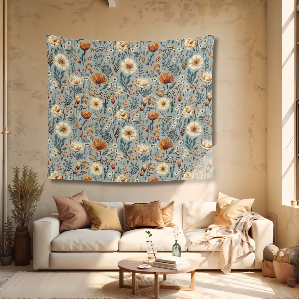 Boho Wall Bedroom Tapestry Copper Floral Meadow Wall Hanging for Living Room Cottagecore Aesthetic Nursery Decor for Boho Office Decoration