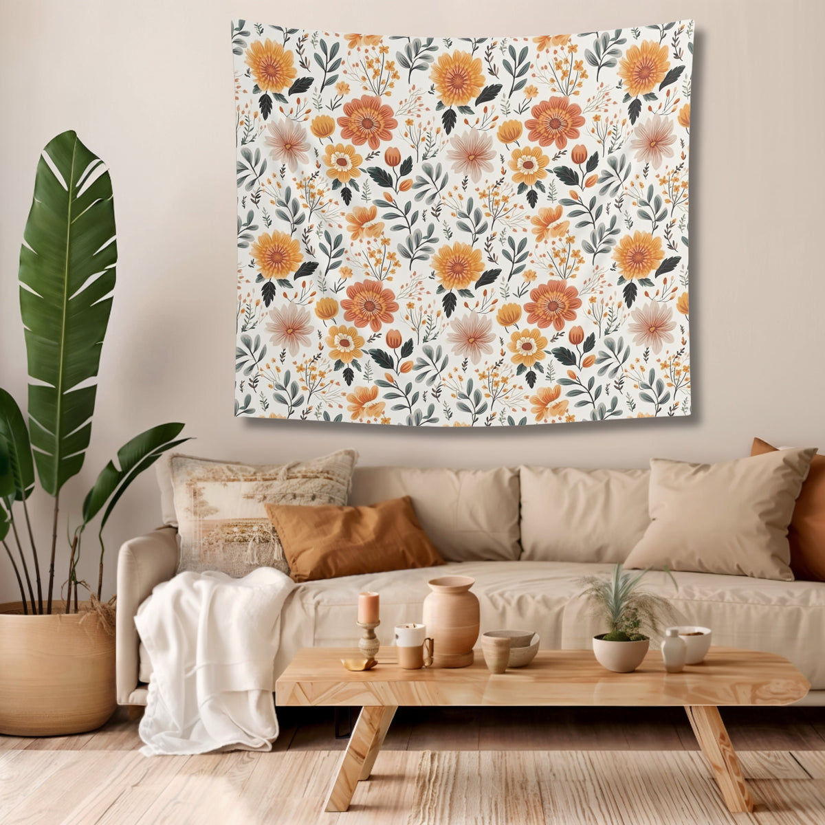 Rustic Orange Floral Wall Tapestry Boho Wall Hangings for Living Room New Home Owner Gift for Office Boho Tapestry Yellow Flower Canvas