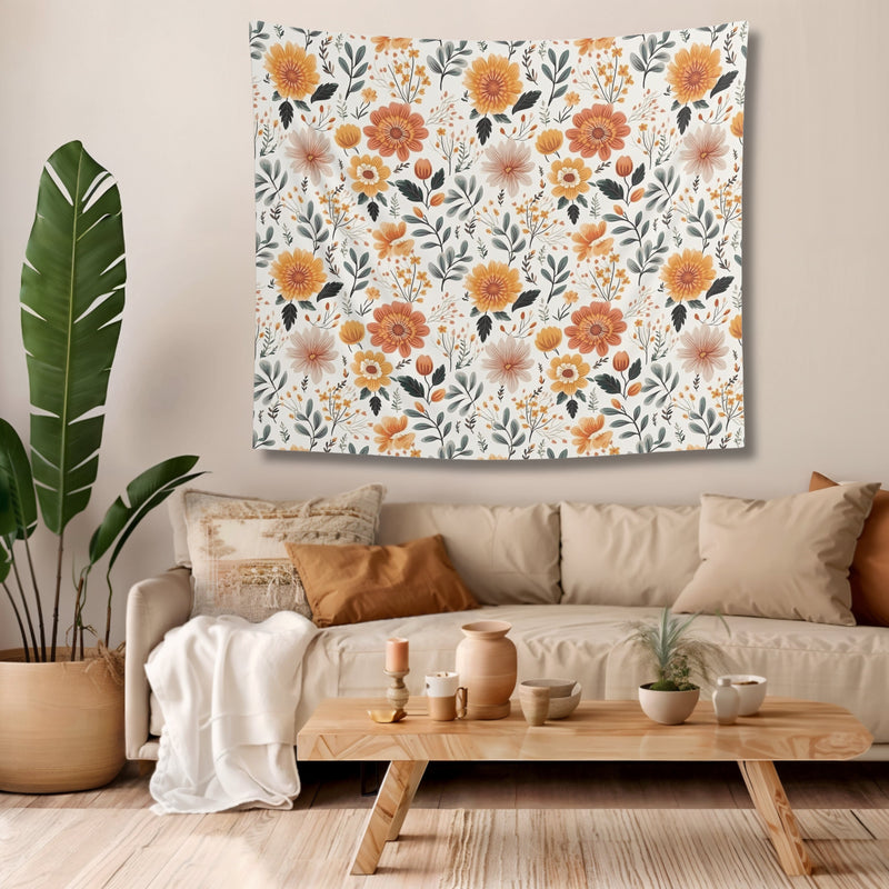 Rustic Orange Floral Wall Tapestry Boho Wall Hangings for Living Room New Home Owner Gift for Office Boho Tapestry Yellow Flower Canvas