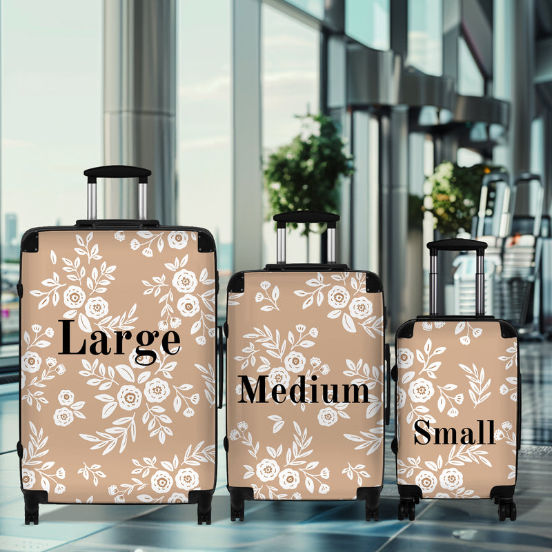 Personalize Luggage for Girls Weekend Custom Suitcase for Honeymoon Travel Accessory Beige and White Floral Boho Carryon Gift for Bridesmaid