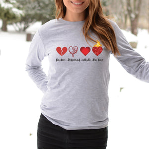 Christian Tee Shirt Mother&#39;s Day Gift Shirt Inspirational Quote T-Shirt Hearts on Fire Shirt Redeemed Whole Heart Long Sleeve Tee Cute Gift - The Ripple Effect Co.US
