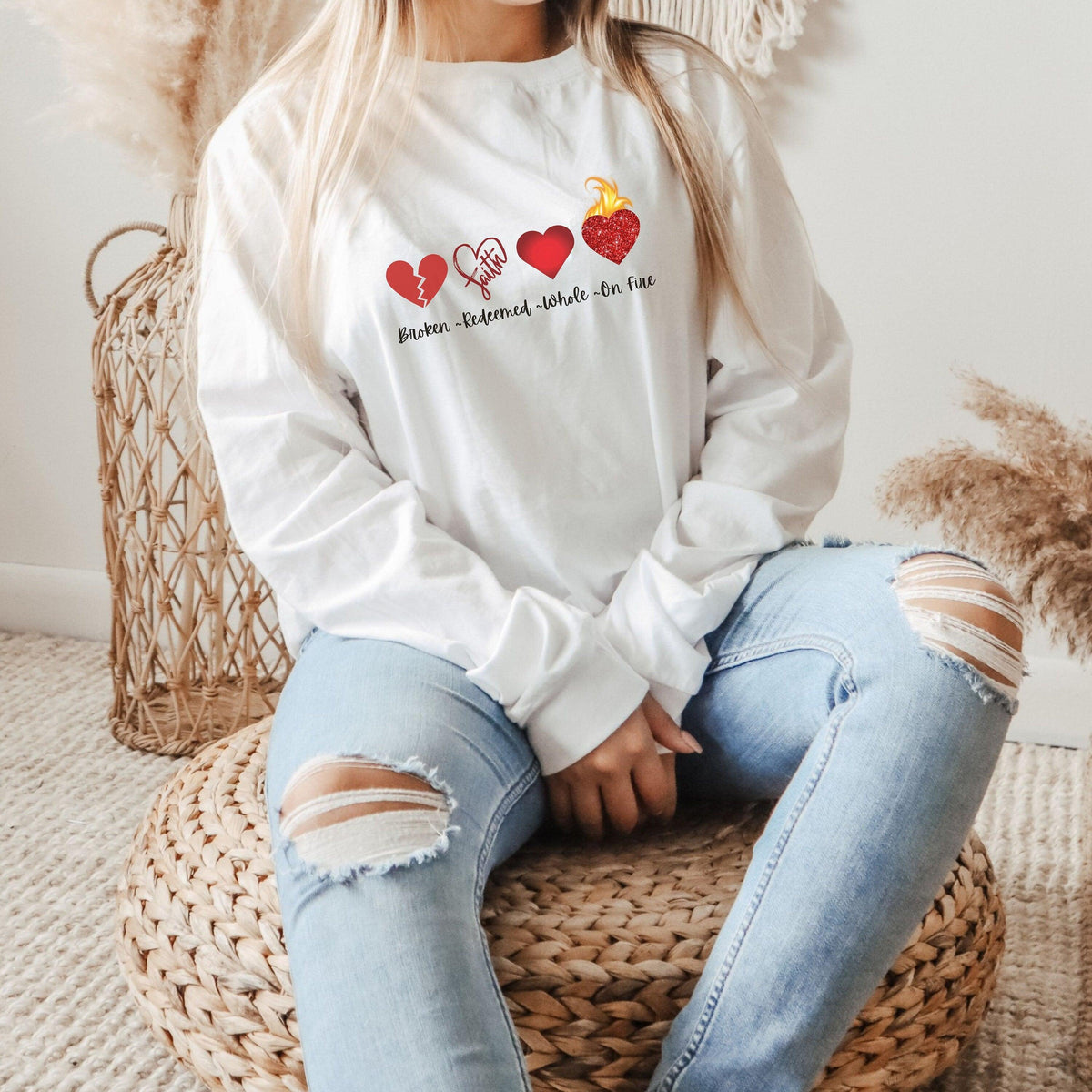 Christian Tee Shirt Mother&#39;s Day Gift Shirt Inspirational Quote T-Shirt Hearts on Fire Shirt Redeemed Whole Heart Long Sleeve Tee Cute Gift - The Ripple Effect Co.US