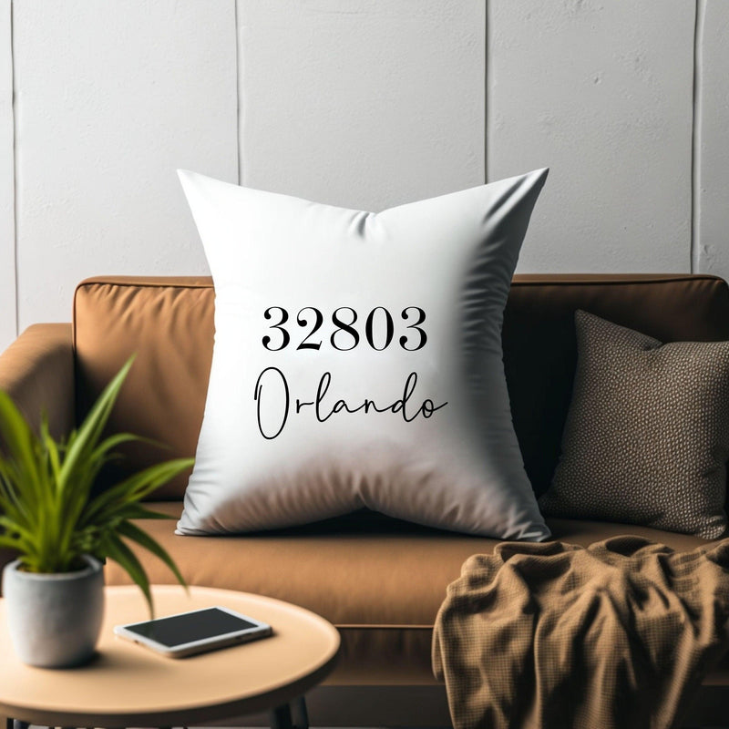 New Homeowner Gift for Hostess Custom Accent Throw Pillow Custom Central Florida City with Zip Code Gift for New Home Owner Custom City - The Ripple Effect Co.US